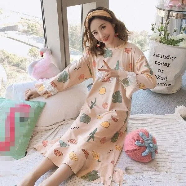 Autumn Women Sexy Nightwear Plus Size M-XXL Cotton Nightgown Sleepwear Night Dress Lingerie Robe Sexy Long Sleeve Home Clothes