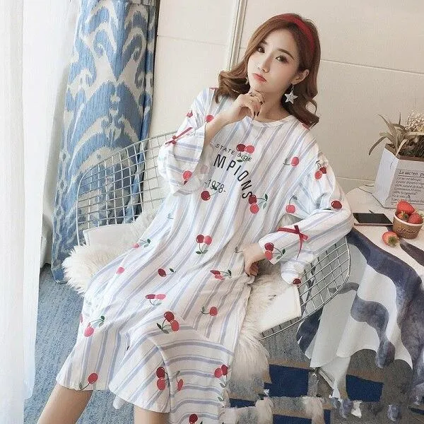 Autumn Women Sexy Nightwear Plus Size M-XXL Cotton Nightgown Sleepwear Night Dress Lingerie Robe Sexy Long Sleeve Home Clothes
