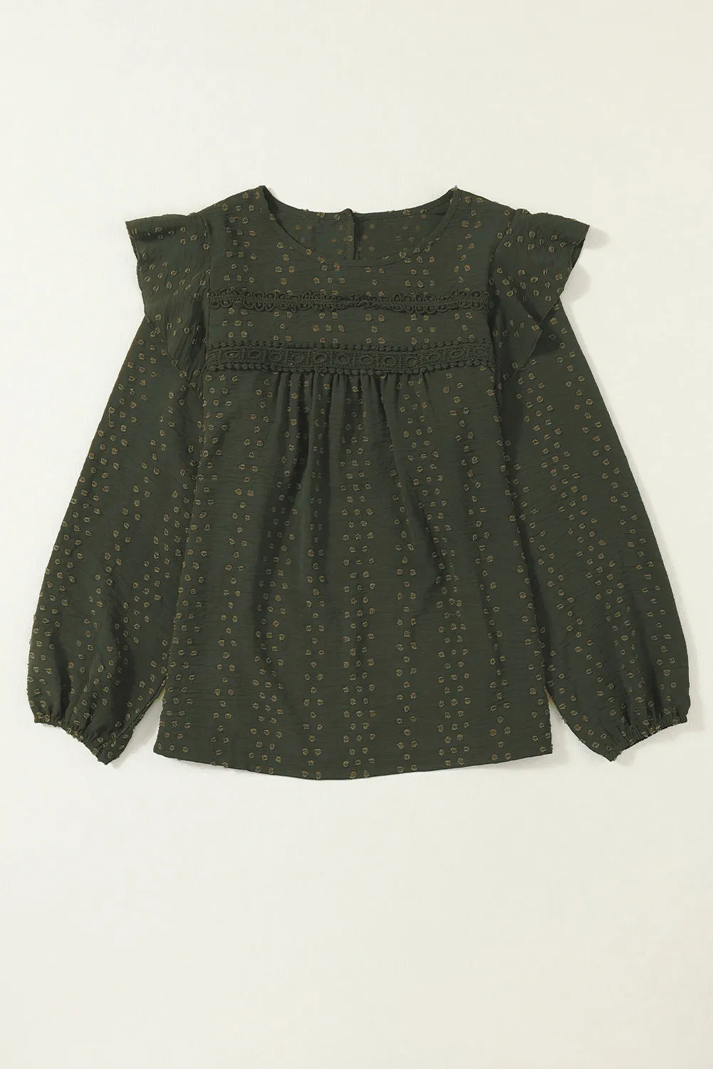 Blackish Green Lace Eyelet Ruffle Shoulder Long Sleeve Blouse