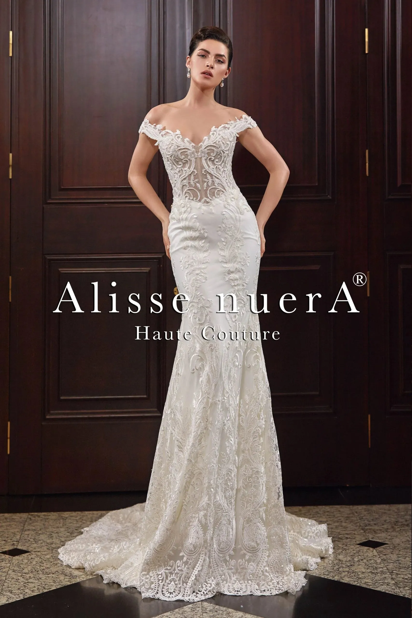 Boat Neckline Mermaid Lace Bridal Gown with Over Shoulder Bridal Cape