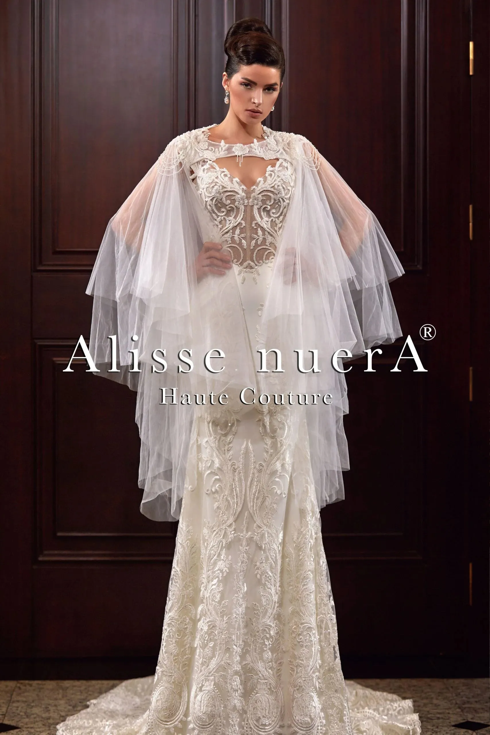 Boat Neckline Mermaid Lace Bridal Gown with Over Shoulder Bridal Cape