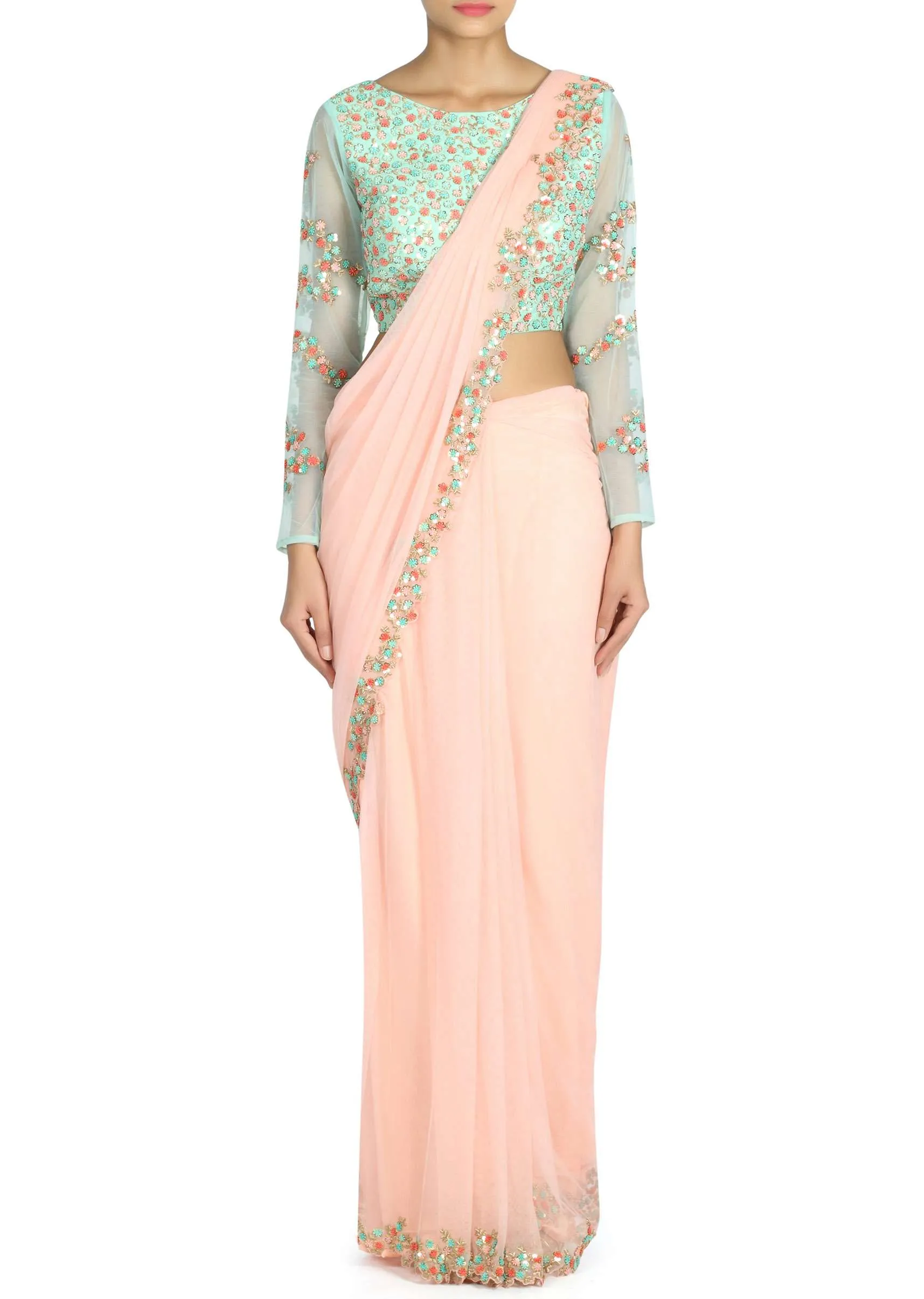 Breezy pink saree gown in pre stitched pallav only on Kalki