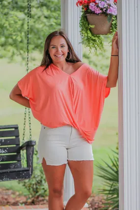 Bright Coral Surplice Knit Short Sleeve Top