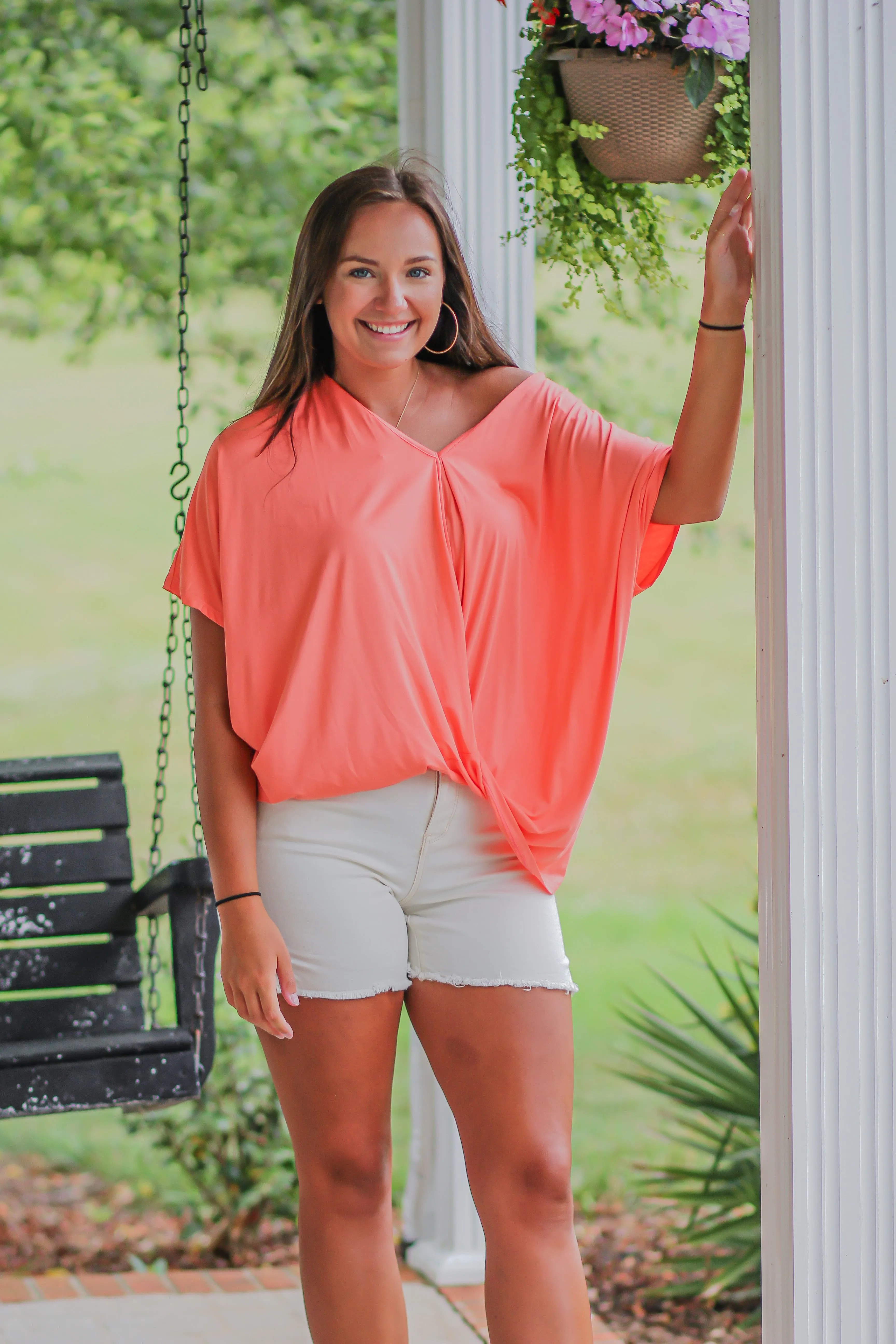 Bright Coral Surplice Knit Short Sleeve Top