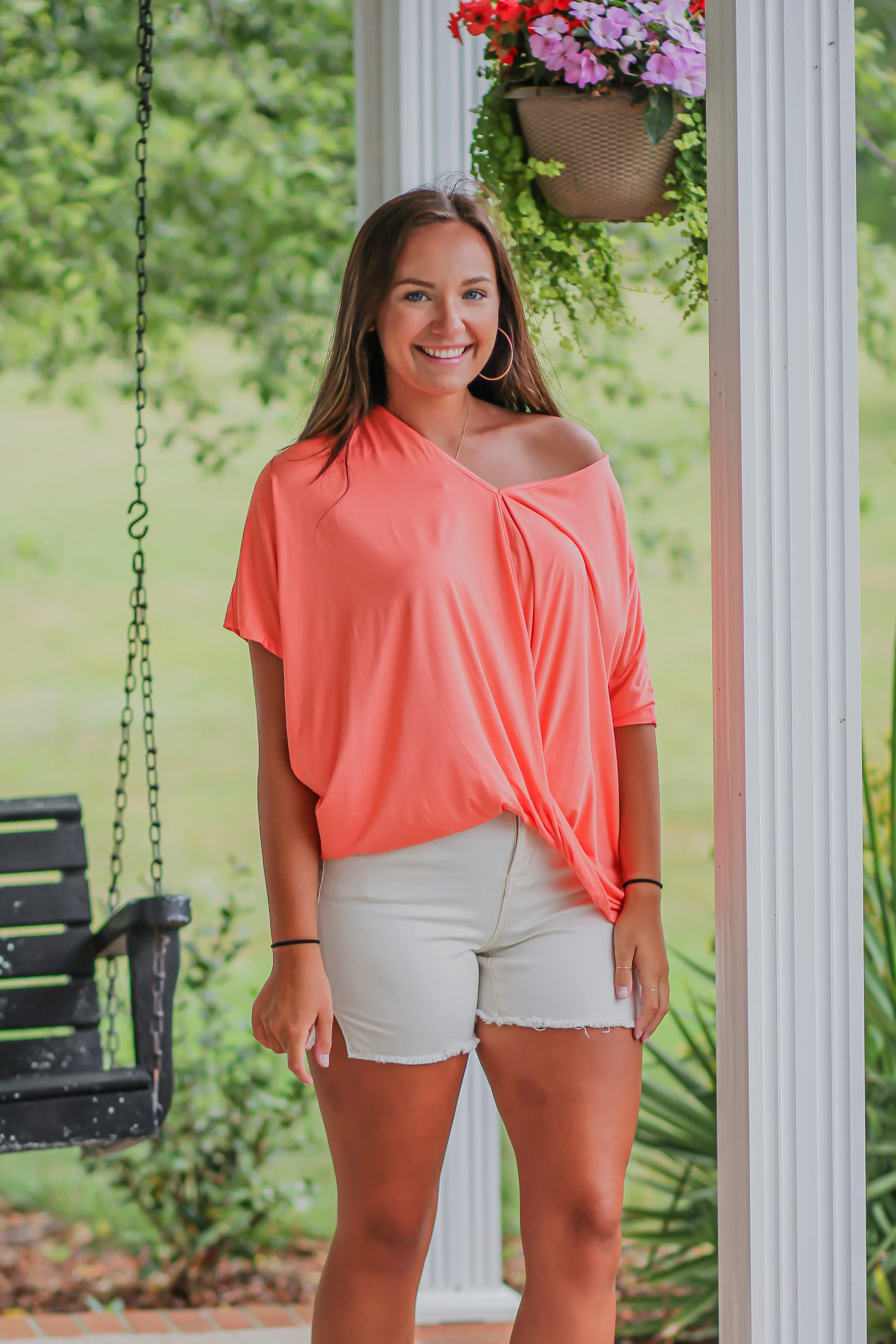 Bright Coral Surplice Knit Short Sleeve Top