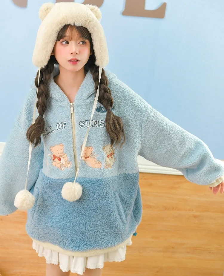 Cute Blue Soft Girl Style Bear Embroidery Hoodie