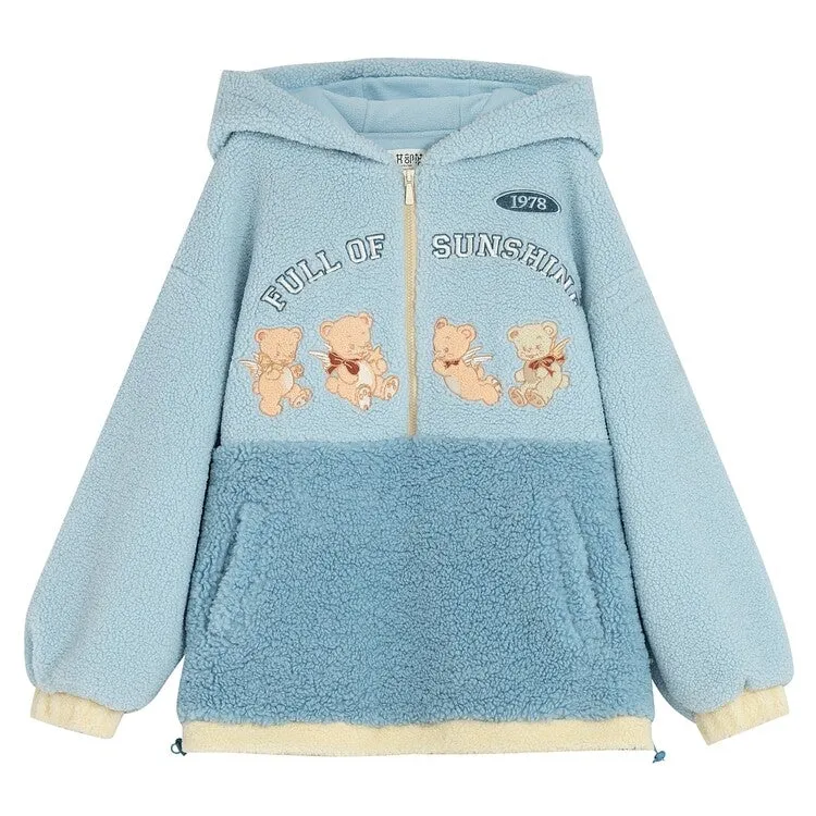 Cute Blue Soft Girl Style Bear Embroidery Hoodie