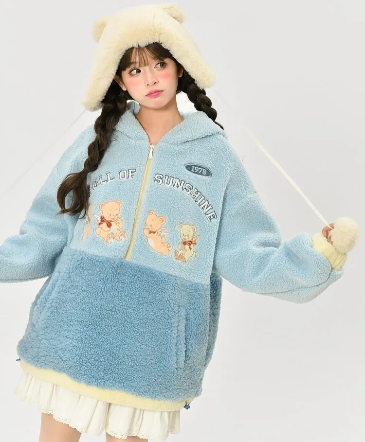 Cute Blue Soft Girl Style Bear Embroidery Hoodie