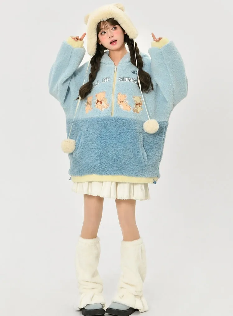 Cute Blue Soft Girl Style Bear Embroidery Hoodie