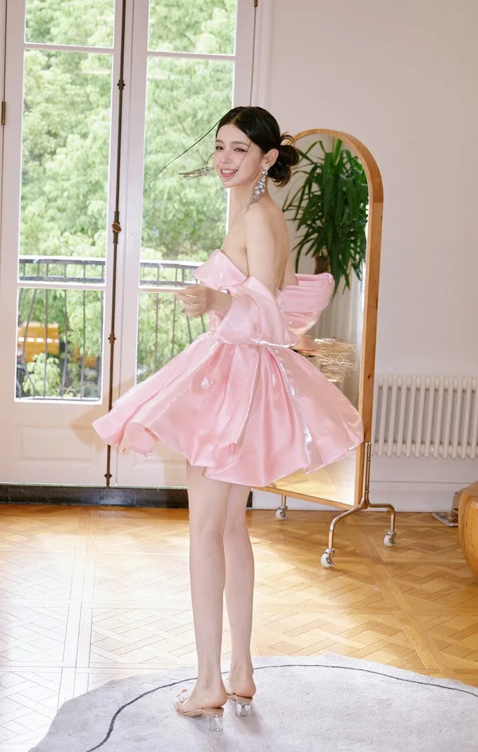 DOLLY High End Pink Off Shoulder Short Sleeve Chest Wrap Tutu Chic Dress-GARTEL