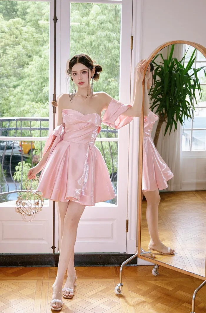 DOLLY High End Pink Off Shoulder Short Sleeve Chest Wrap Tutu Chic Dress-GARTEL
