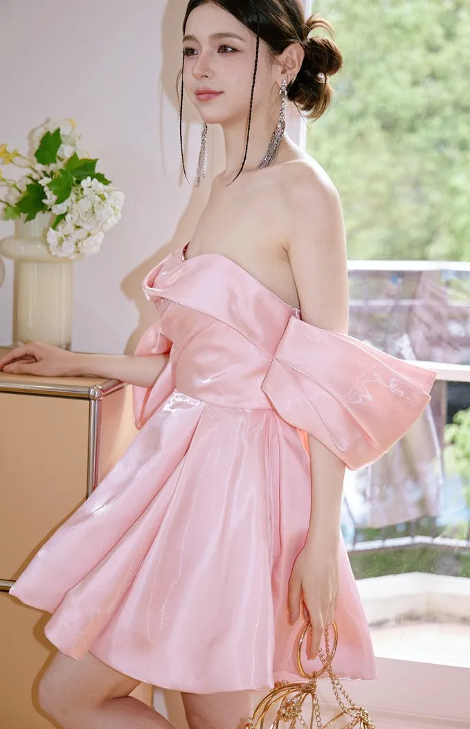 DOLLY High End Pink Off Shoulder Short Sleeve Chest Wrap Tutu Chic Dress-GARTEL
