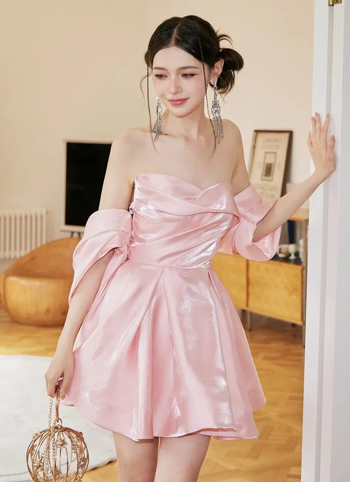 DOLLY High End Pink Off Shoulder Short Sleeve Chest Wrap Tutu Chic Dress-GARTEL