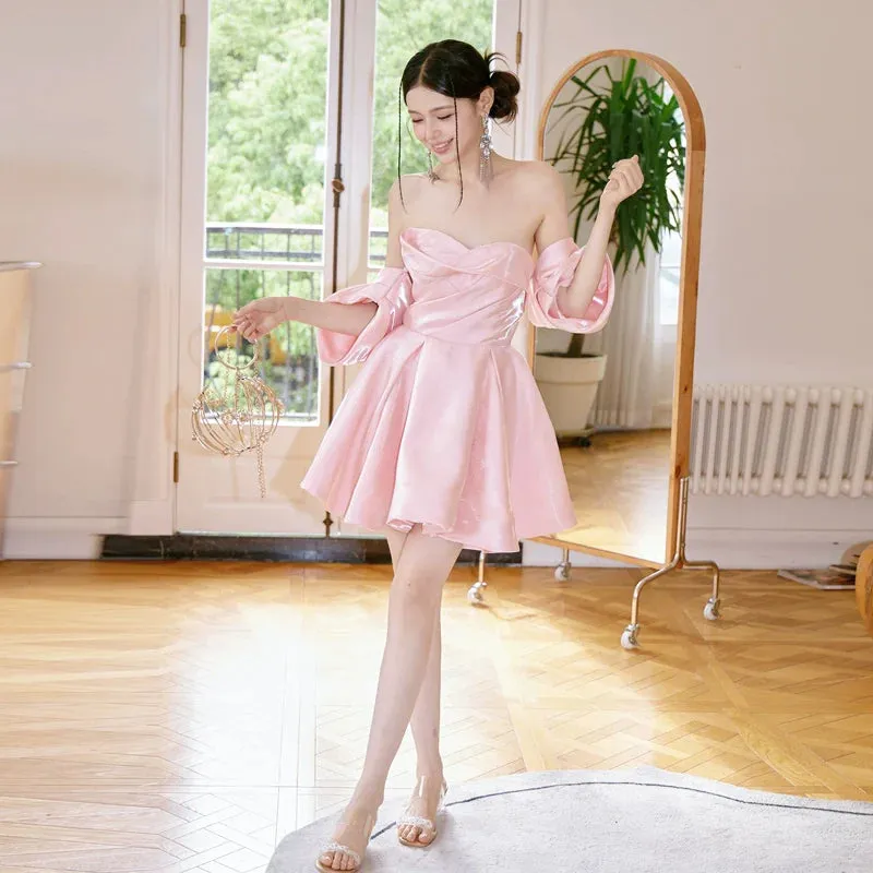 DOLLY High End Pink Off Shoulder Short Sleeve Chest Wrap Tutu Chic Dress-GARTEL