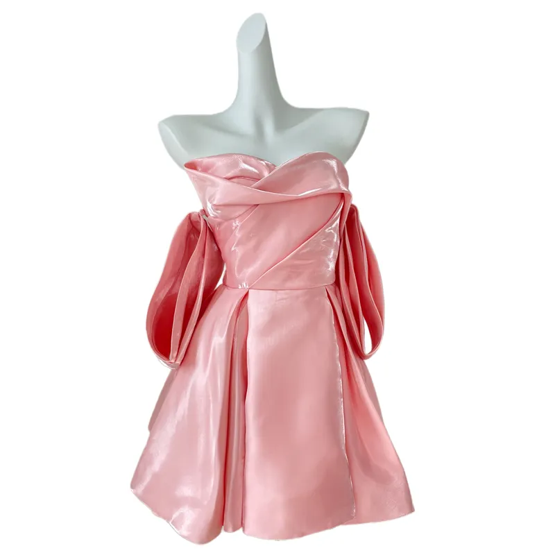 DOLLY High End Pink Off Shoulder Short Sleeve Chest Wrap Tutu Chic Dress-GARTEL
