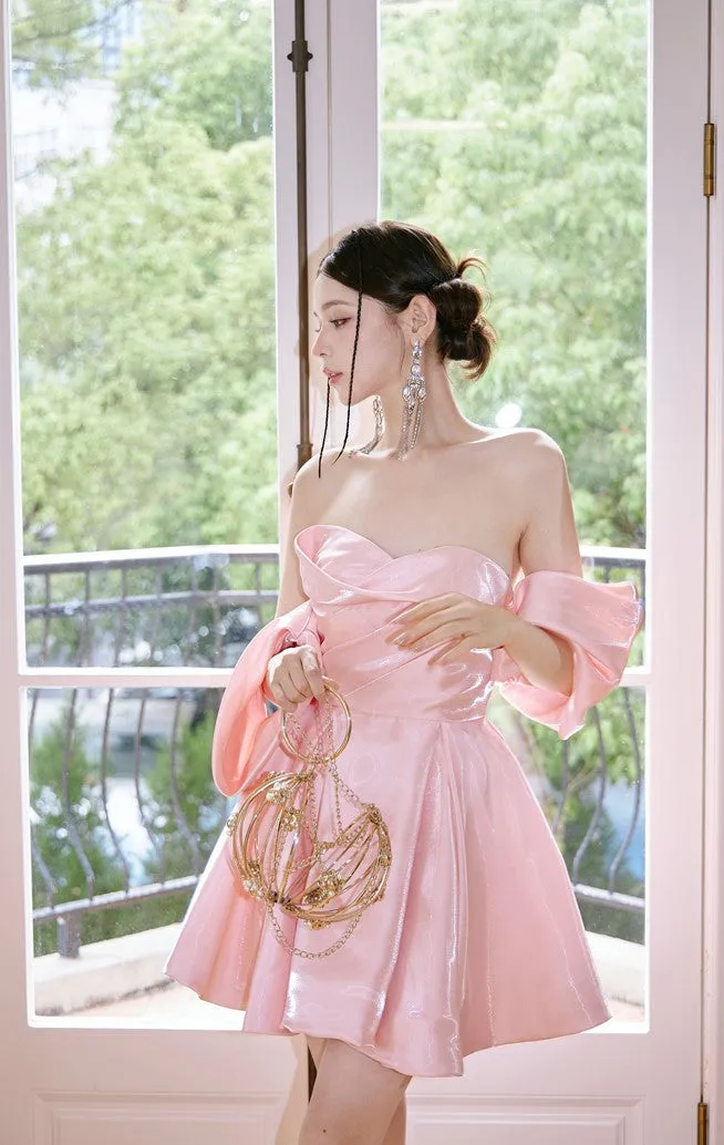 DOLLY High End Pink Off Shoulder Short Sleeve Chest Wrap Tutu Chic Dress-GARTEL