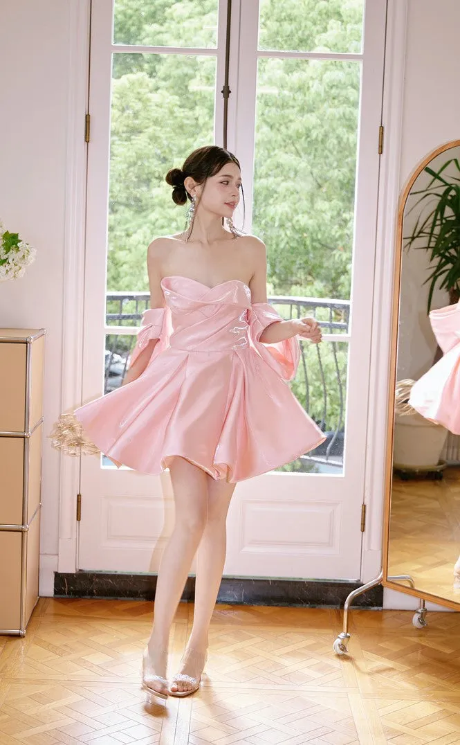 DOLLY High End Pink Off Shoulder Short Sleeve Chest Wrap Tutu Chic Dress-GARTEL