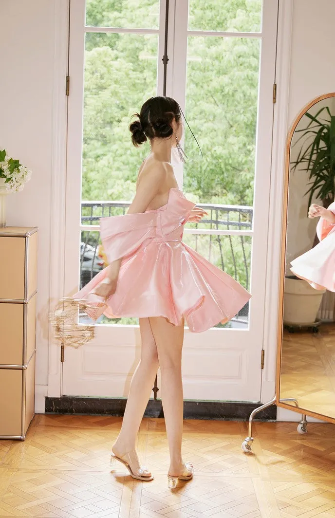DOLLY High End Pink Off Shoulder Short Sleeve Chest Wrap Tutu Chic Dress-GARTEL