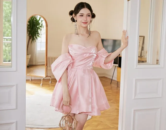 DOLLY High End Pink Off Shoulder Short Sleeve Chest Wrap Tutu Chic Dress-GARTEL