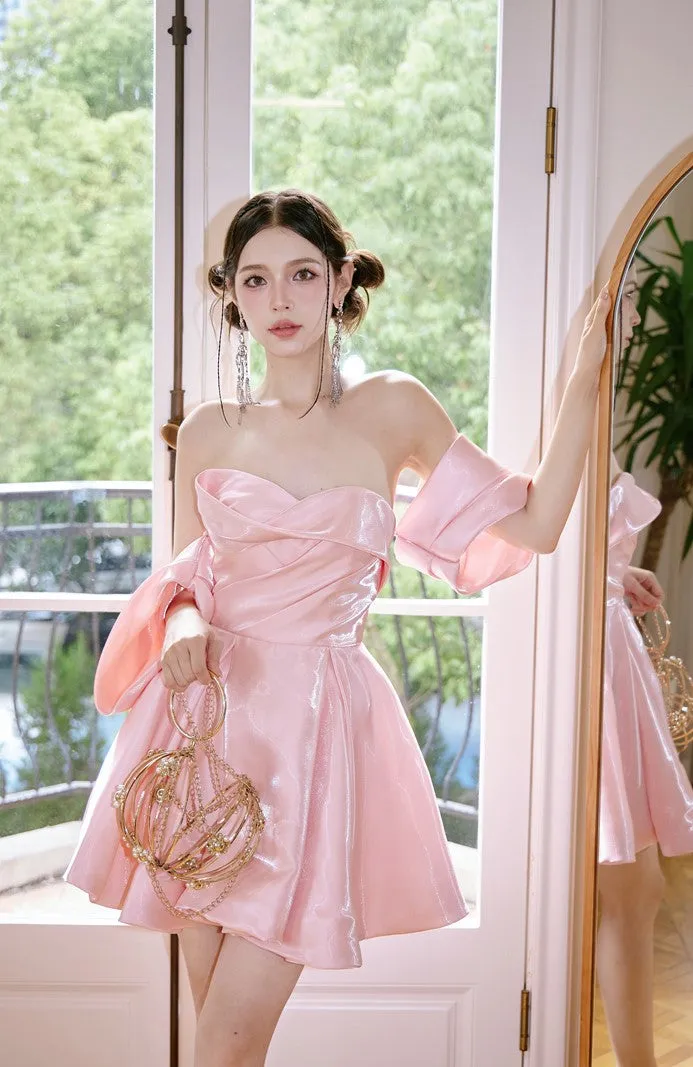 DOLLY High End Pink Off Shoulder Short Sleeve Chest Wrap Tutu Chic Dress-GARTEL