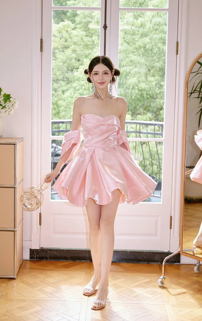 DOLLY High End Pink Off Shoulder Short Sleeve Chest Wrap Tutu Chic Dress-GARTEL