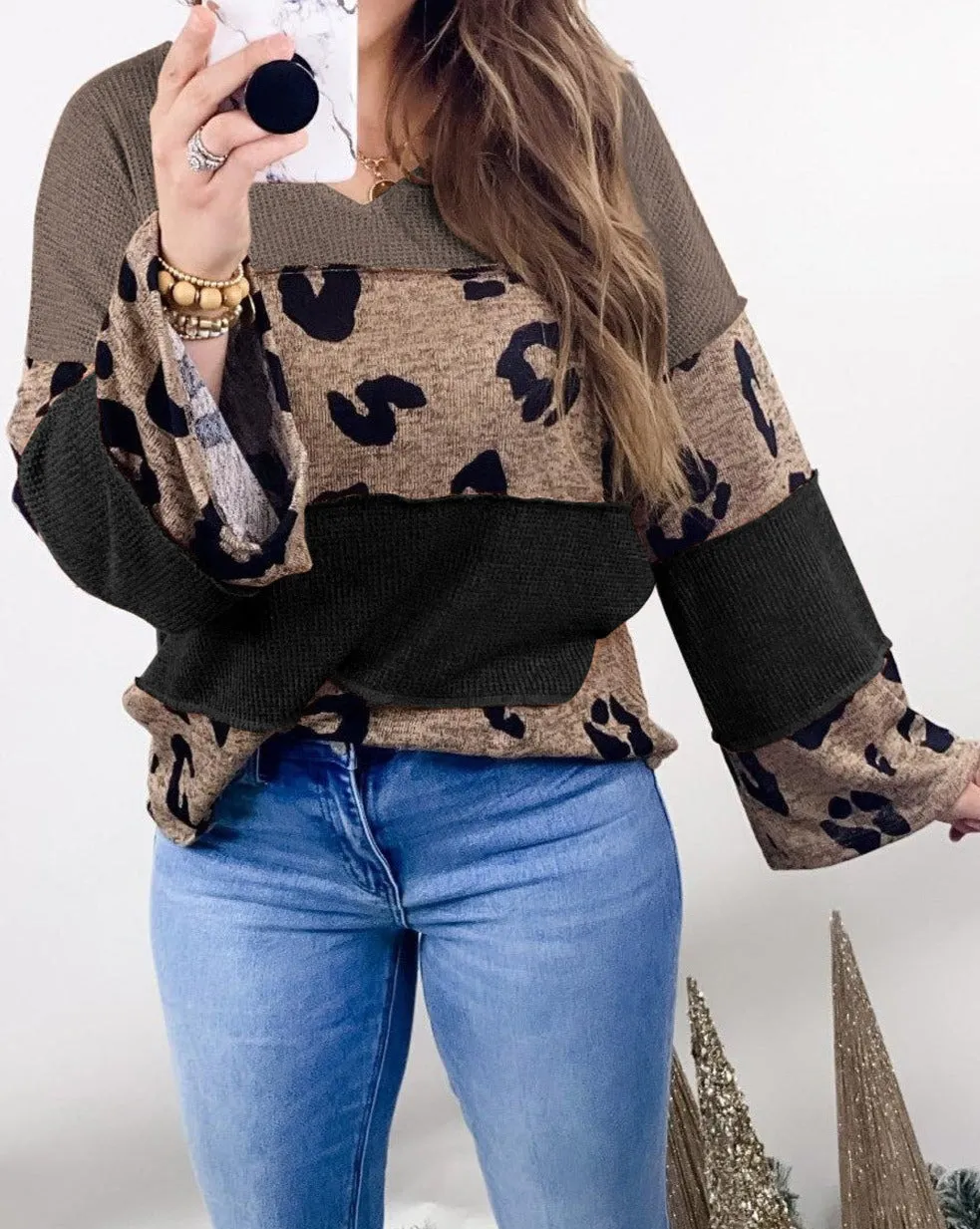 Leopard Colorblock Exposed Seam Top