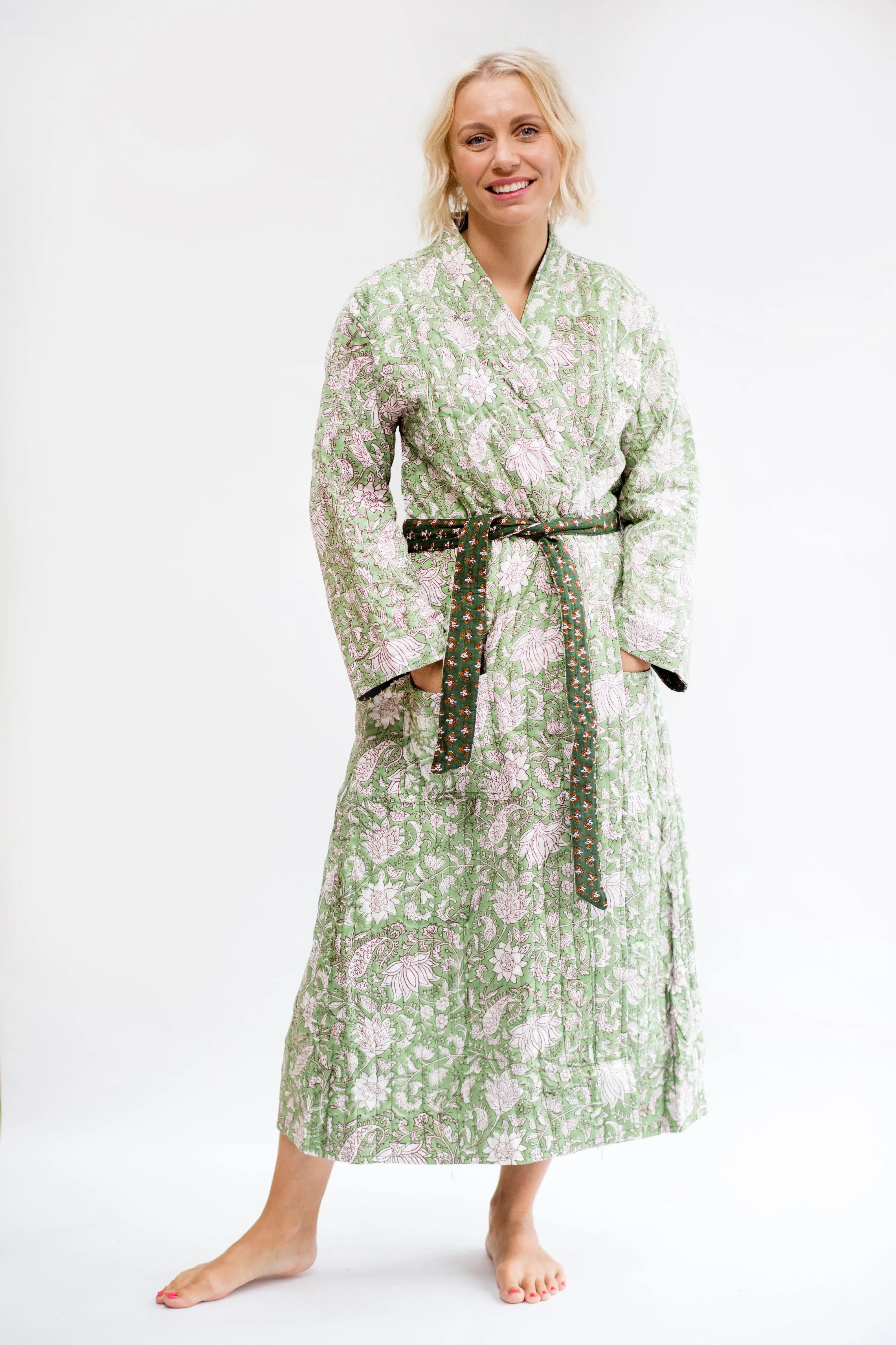 Luxury Quilted Hand Block Print Robe - Soft Green Floral Print