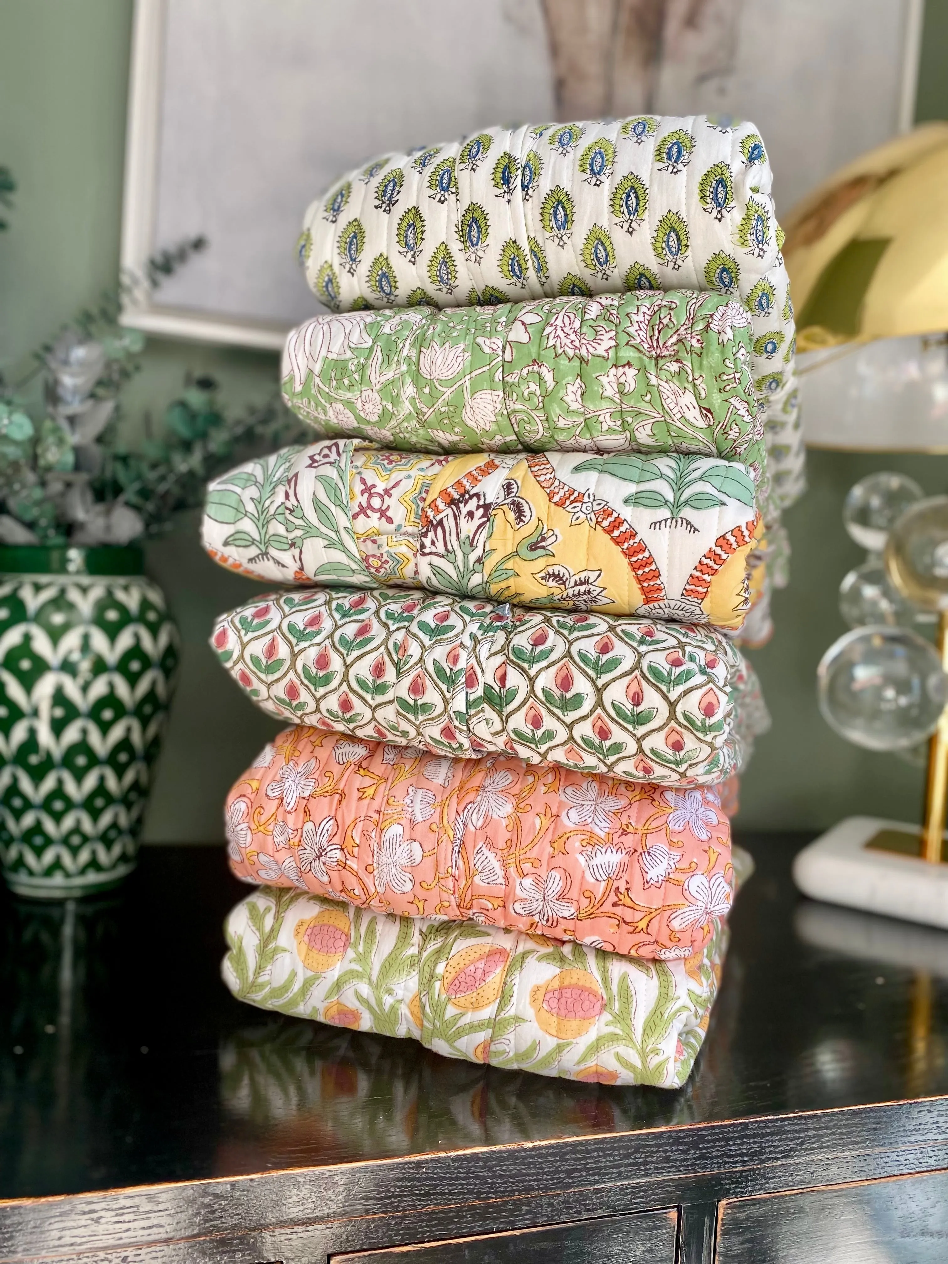 Luxury Quilted Hand Block Print Robe - Soft Green Floral Print