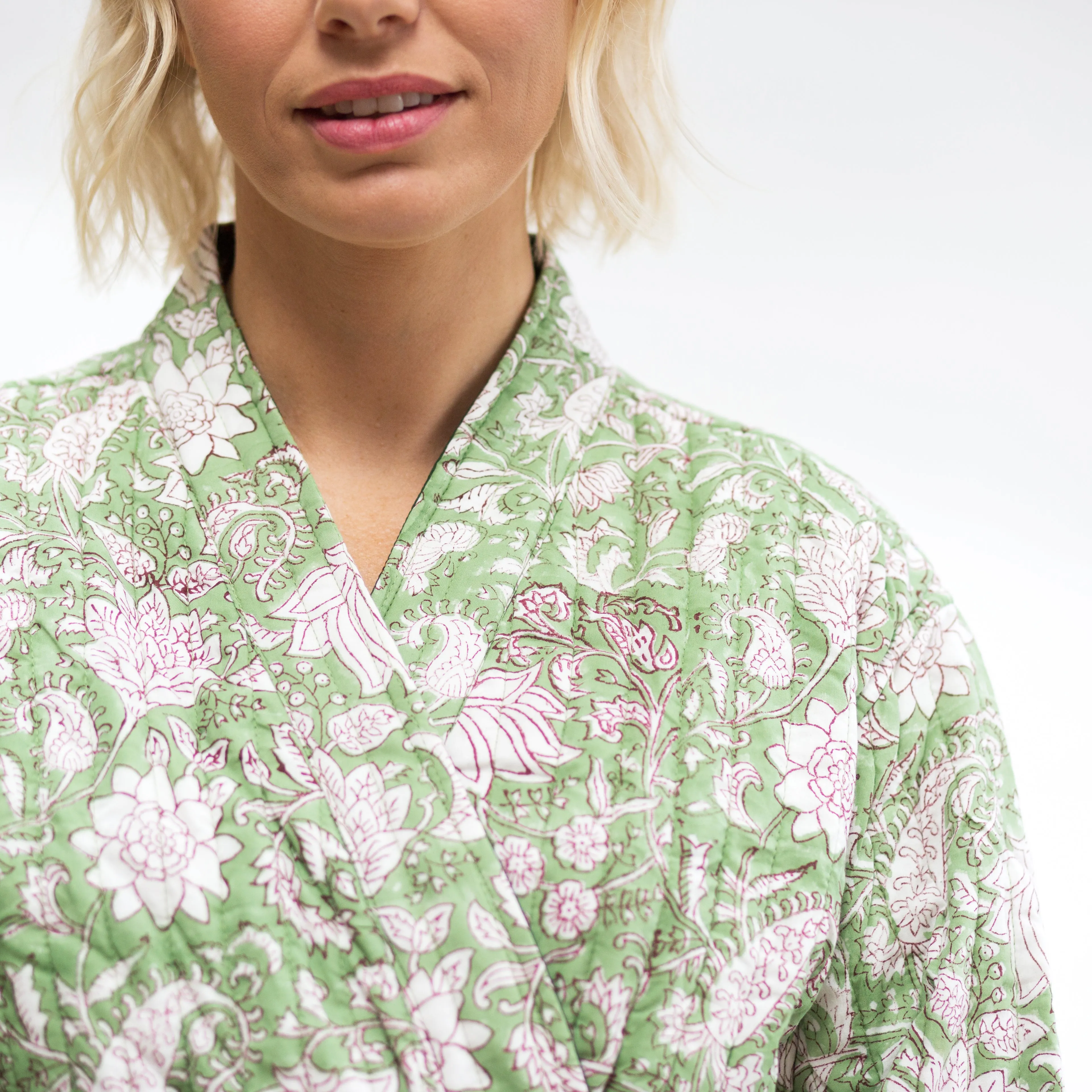 Luxury Quilted Hand Block Print Robe - Soft Green Floral Print