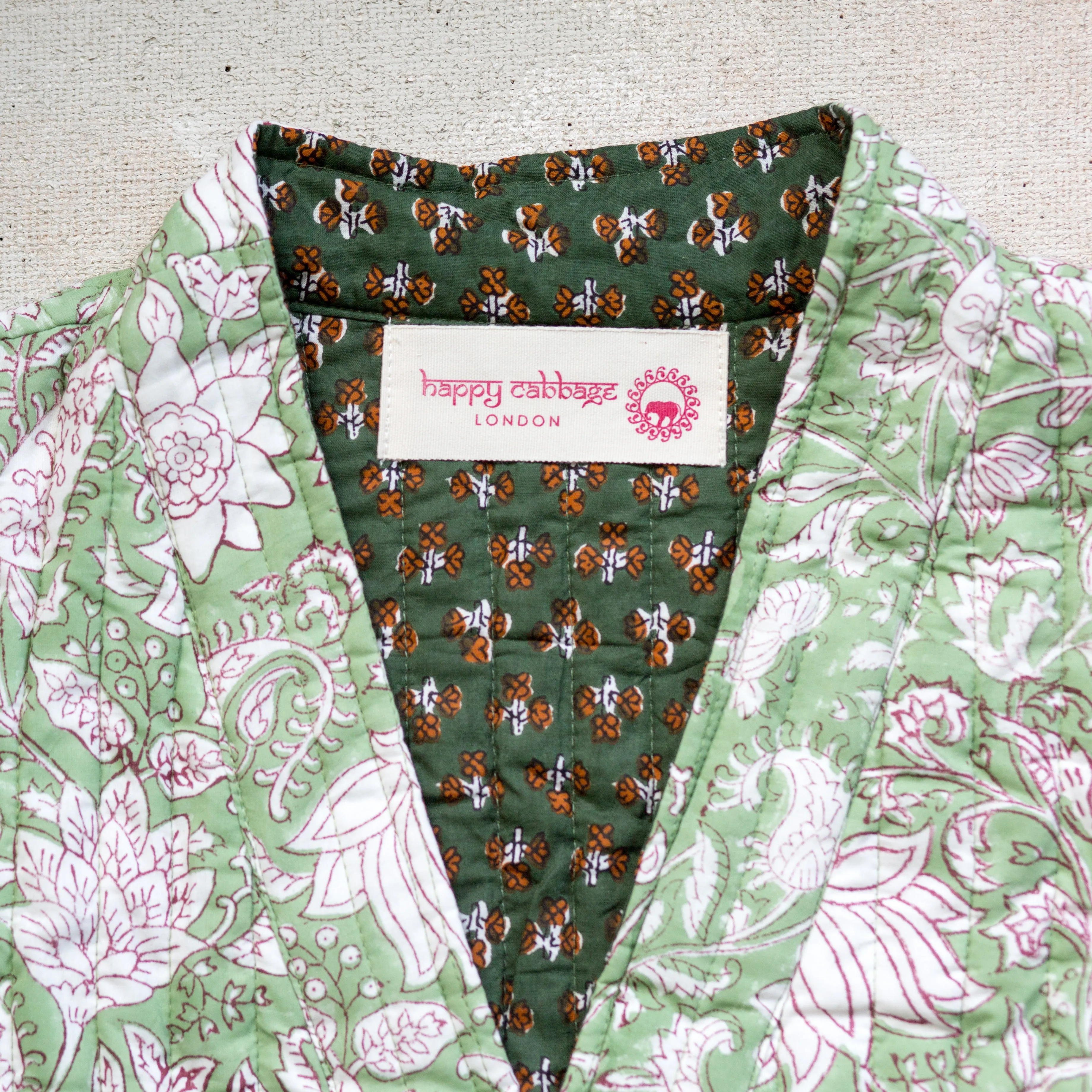 Luxury Quilted Hand Block Print Robe - Soft Green Floral Print