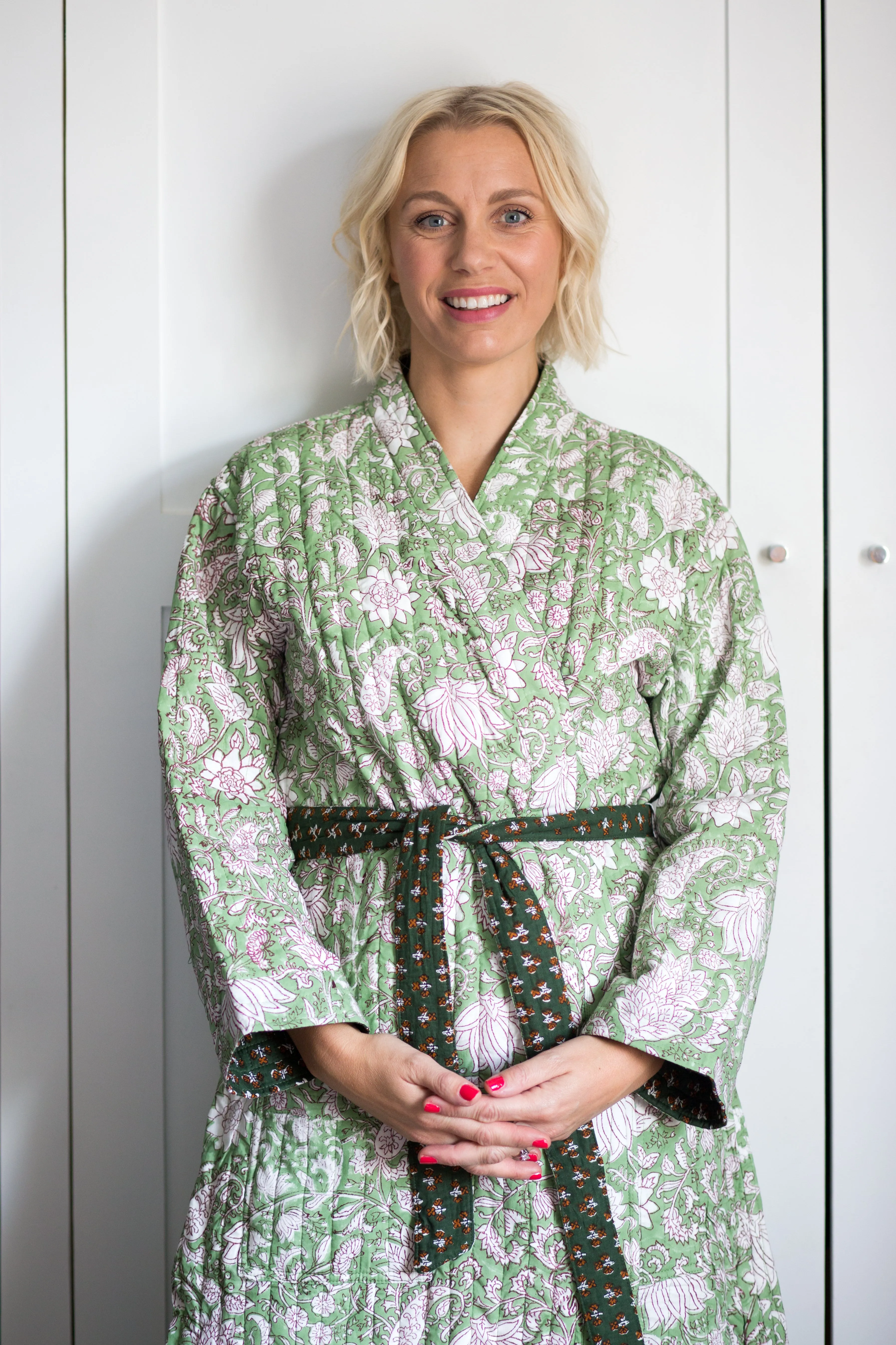 Luxury Quilted Hand Block Print Robe - Soft Green Floral Print