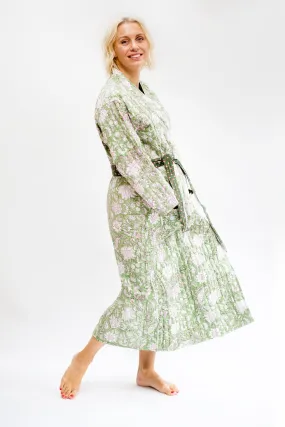Luxury Quilted Hand Block Print Robe - Soft Green Floral Print