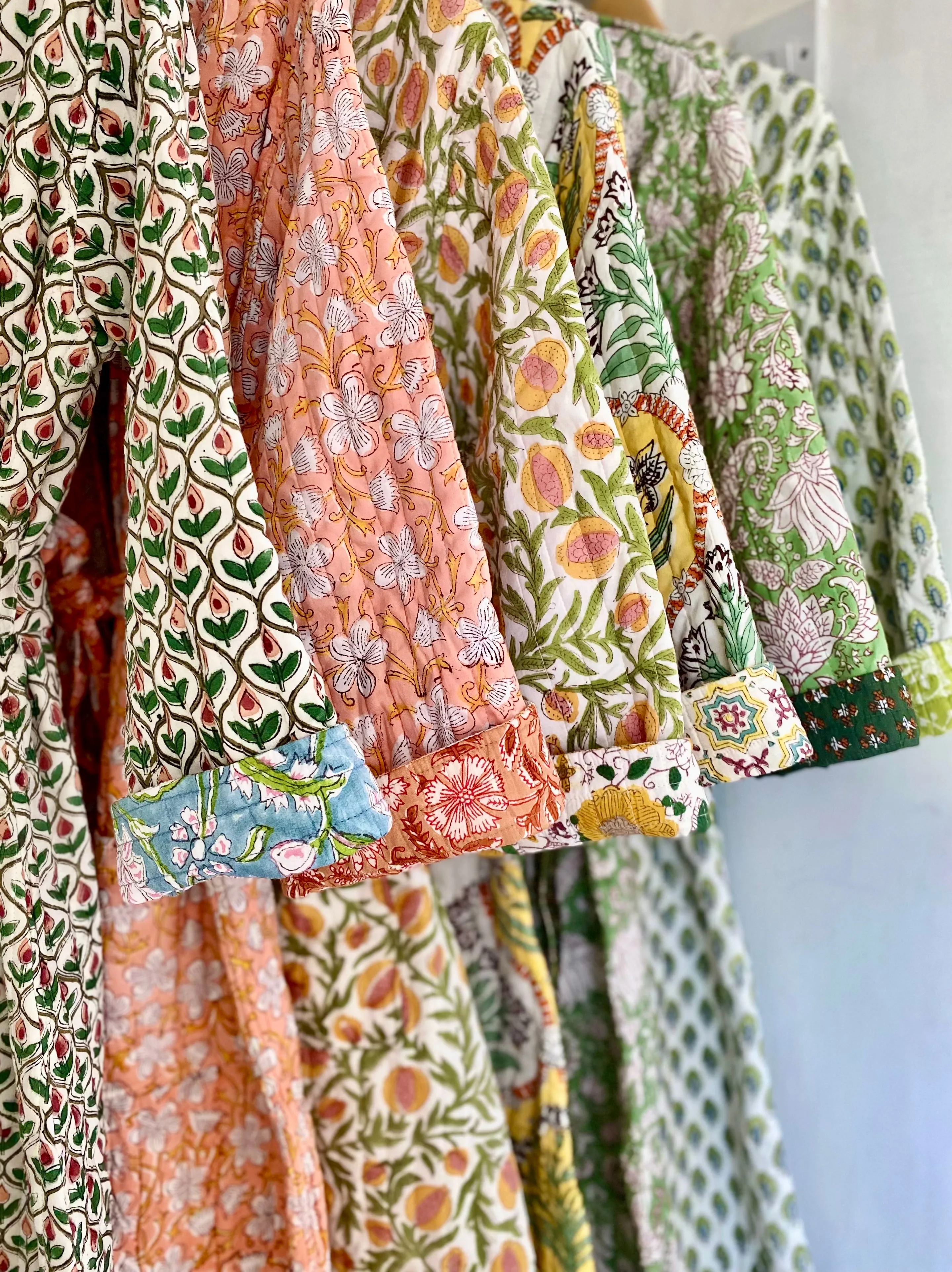 Luxury Quilted Hand Block Print Robe - Soft Green Floral Print