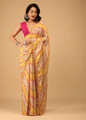 Marigold Yellow Leheriya Saree In Muslin With Mirror Embroidery