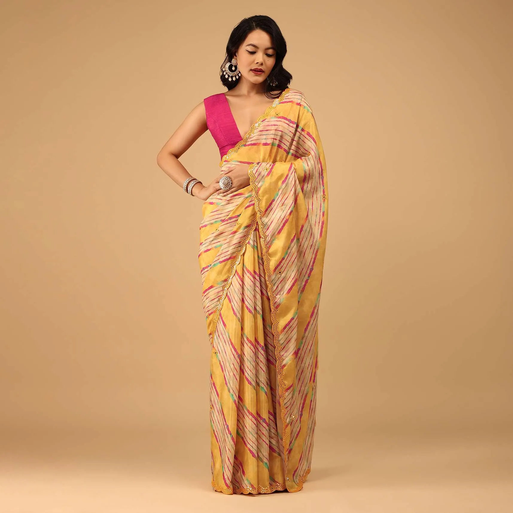 Marigold Yellow Leheriya Saree In Muslin With Mirror Embroidery