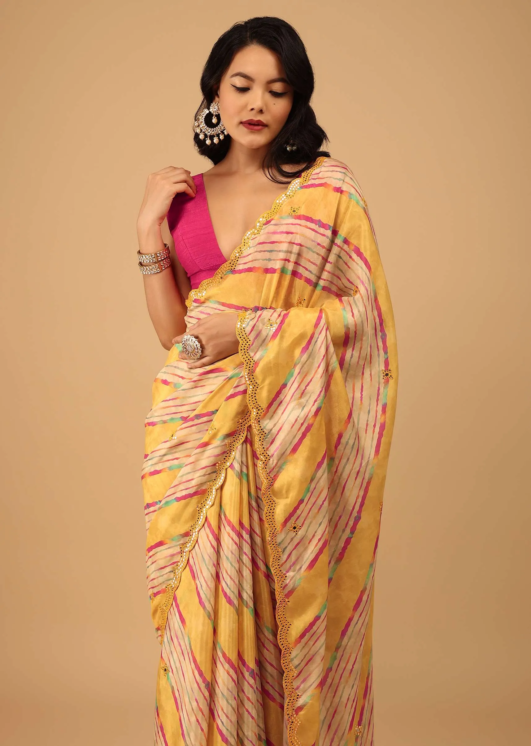 Marigold Yellow Leheriya Saree In Muslin With Mirror Embroidery