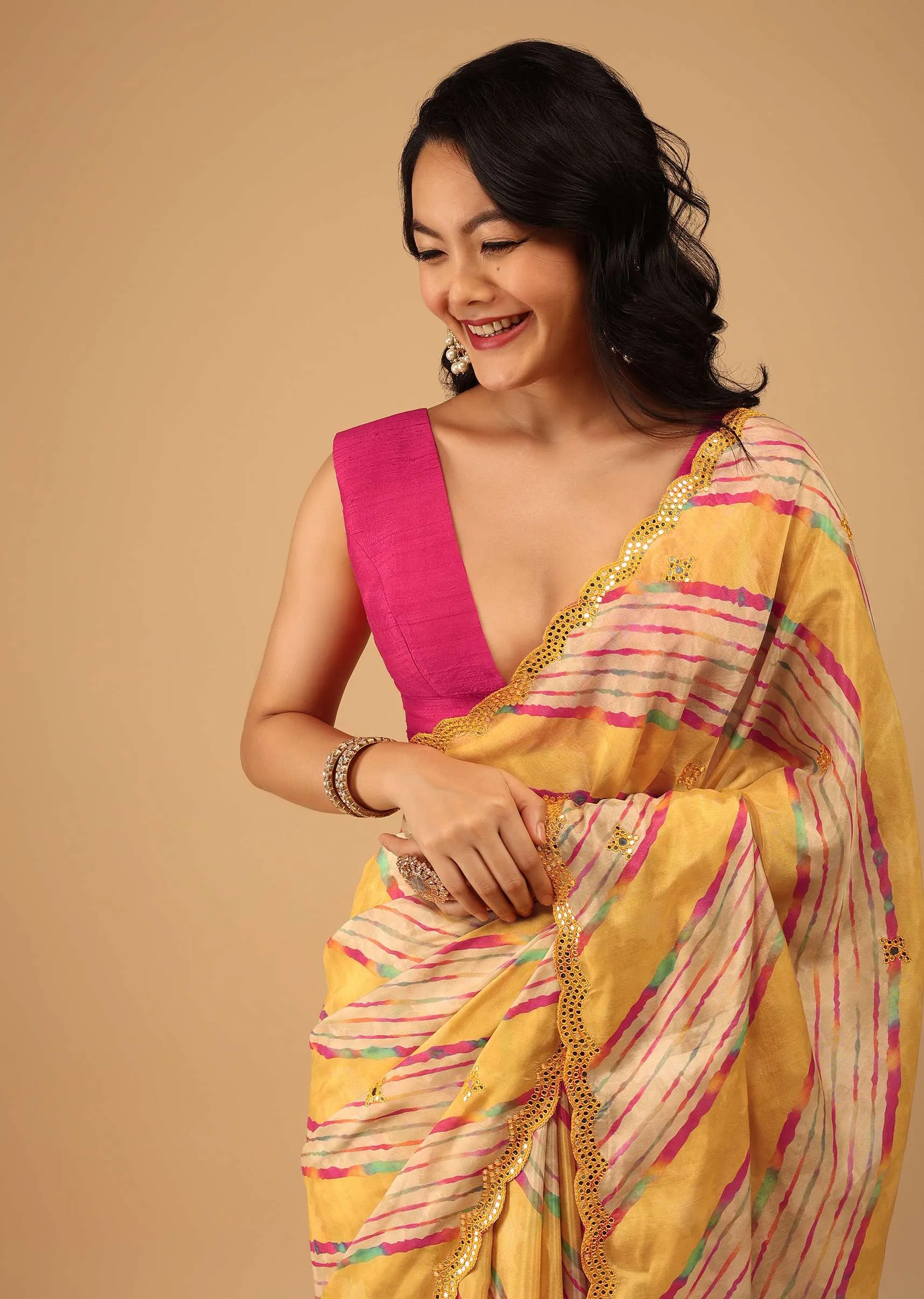 Marigold Yellow Leheriya Saree In Muslin With Mirror Embroidery