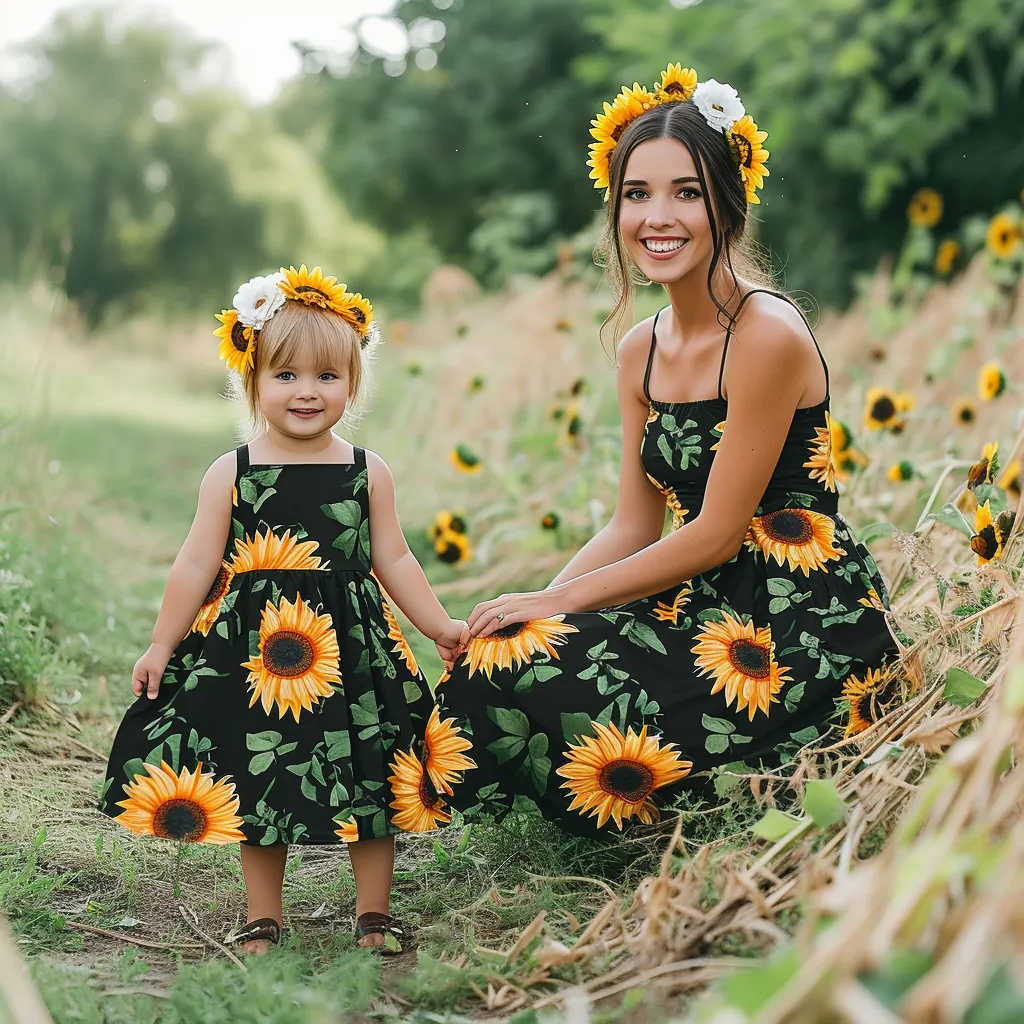 Mother and Daughter Black Matching Sunflower Cami Dresses
