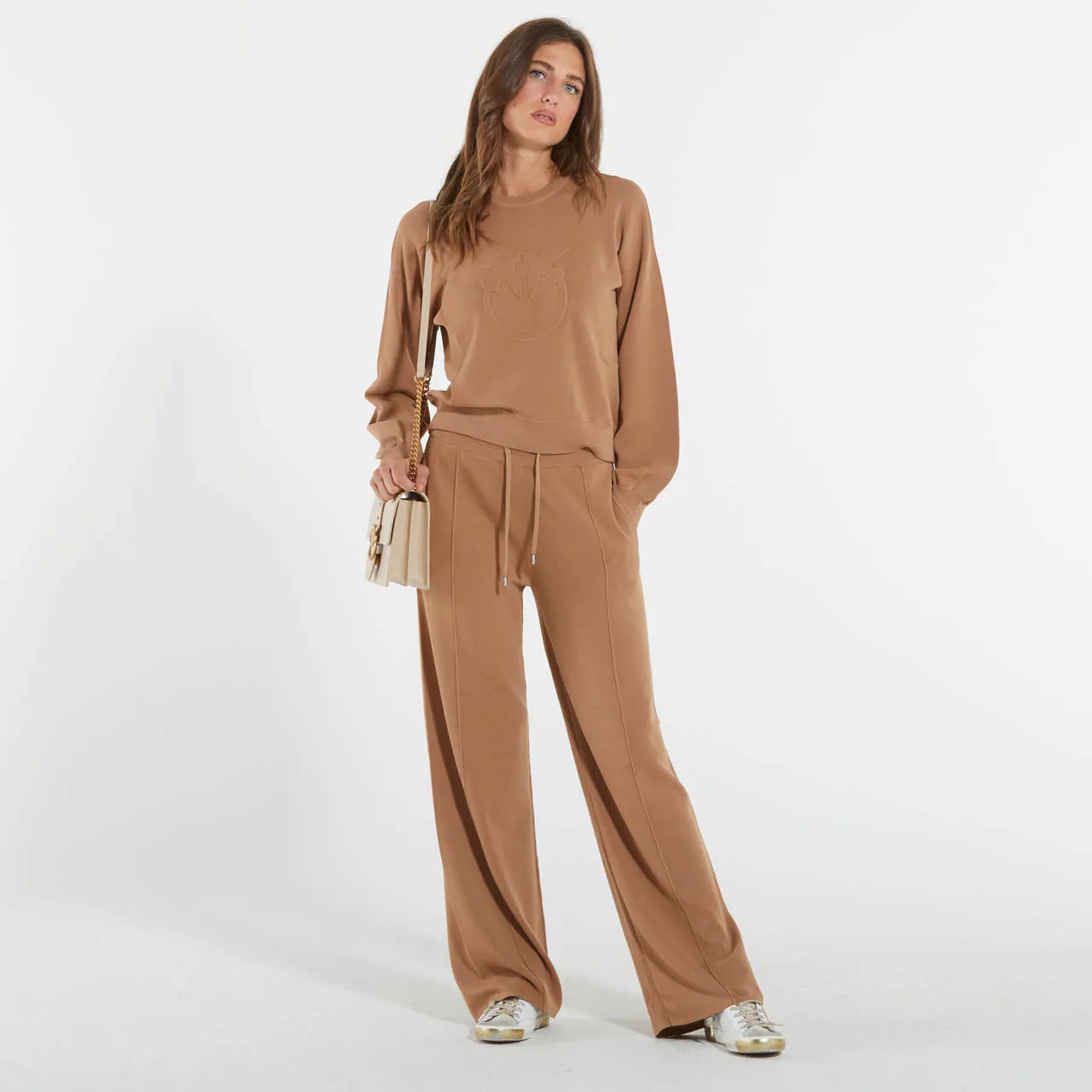 Pinko pantaloni joggers in felpa con logo cammello