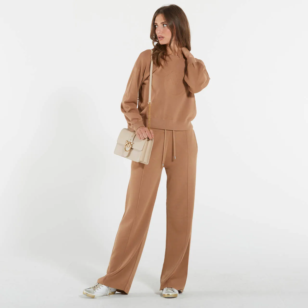 Pinko pantaloni joggers in felpa con logo cammello