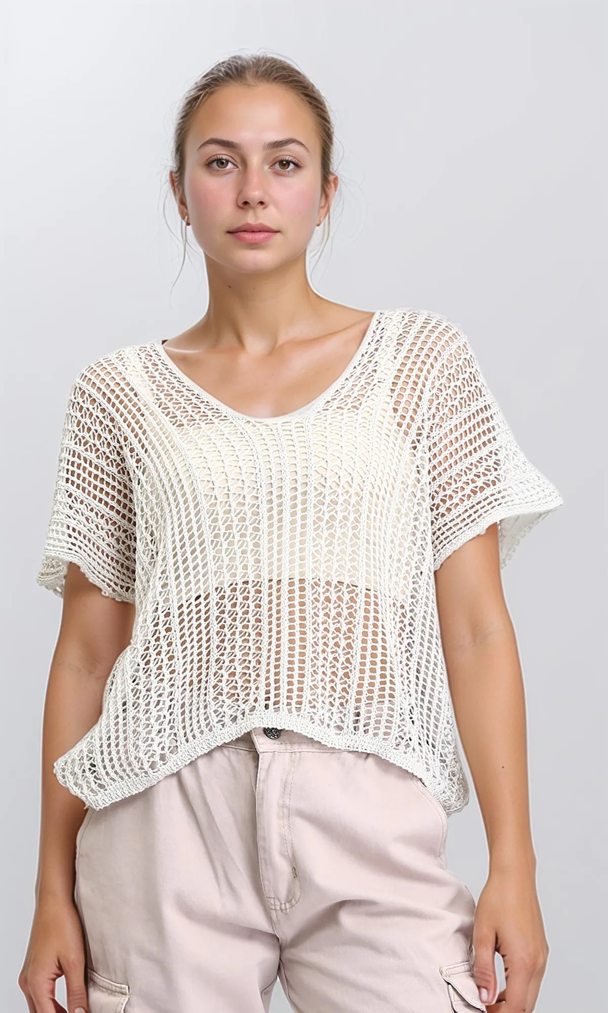 R207117-R207117 - Open Knit Cropped Sweater - Cream