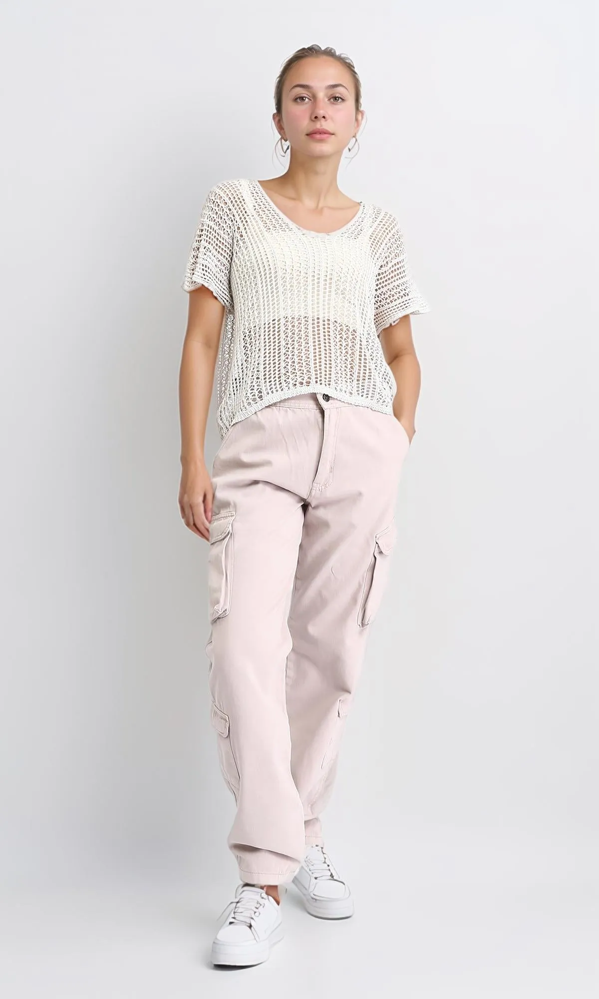 R207117-R207117 - Open Knit Cropped Sweater - Cream