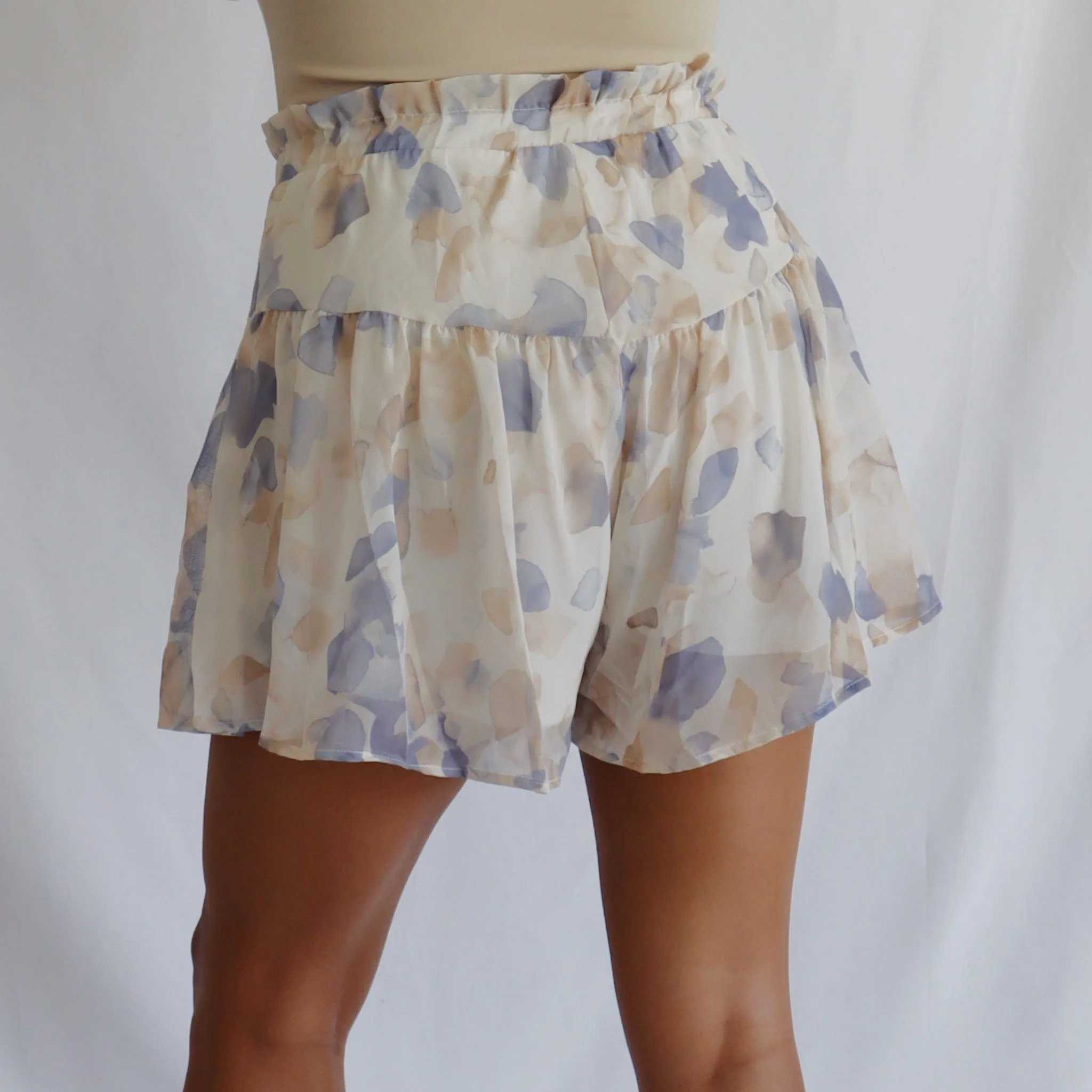Sadie Ivory Blue Printed Flounce Shorts