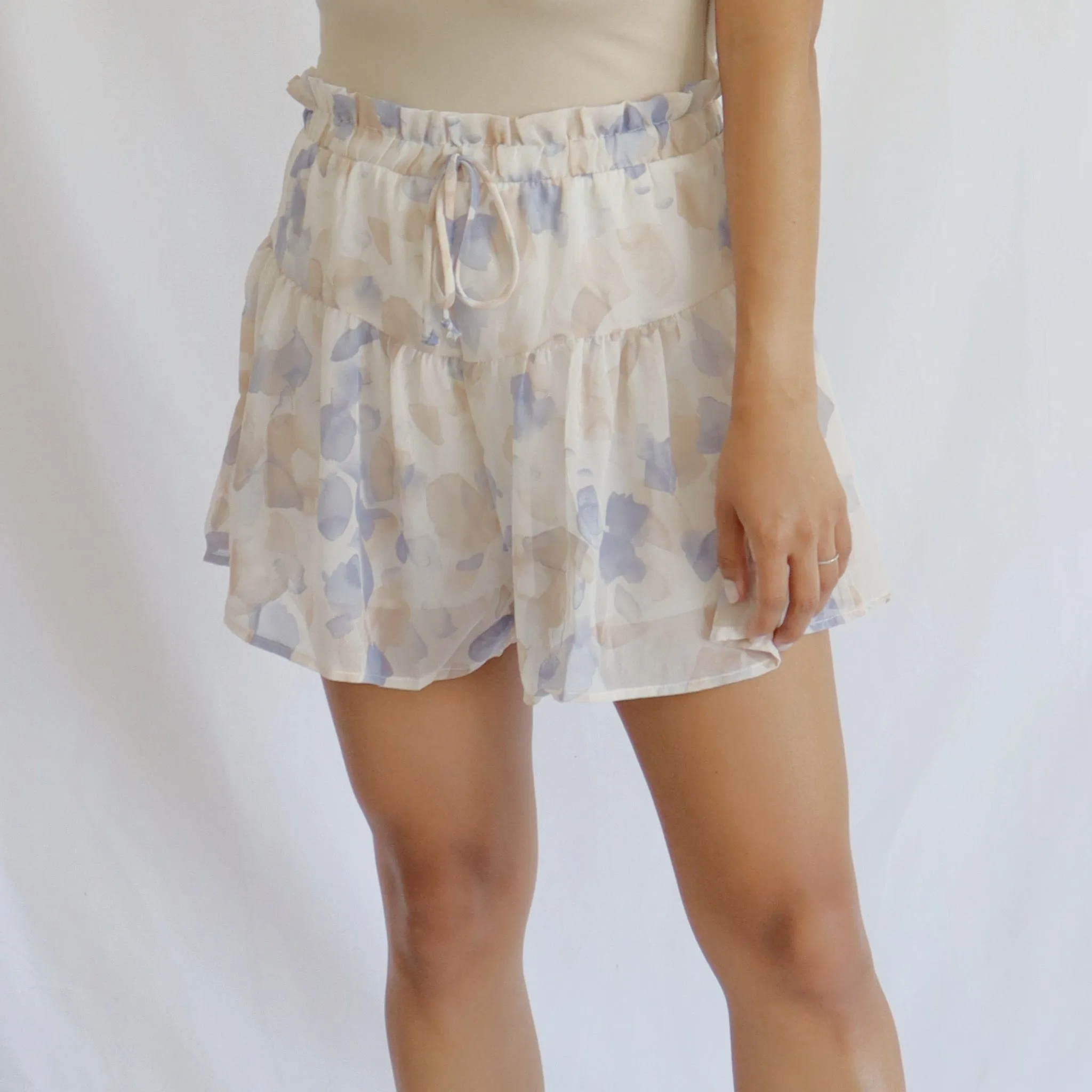 Sadie Ivory Blue Printed Flounce Shorts