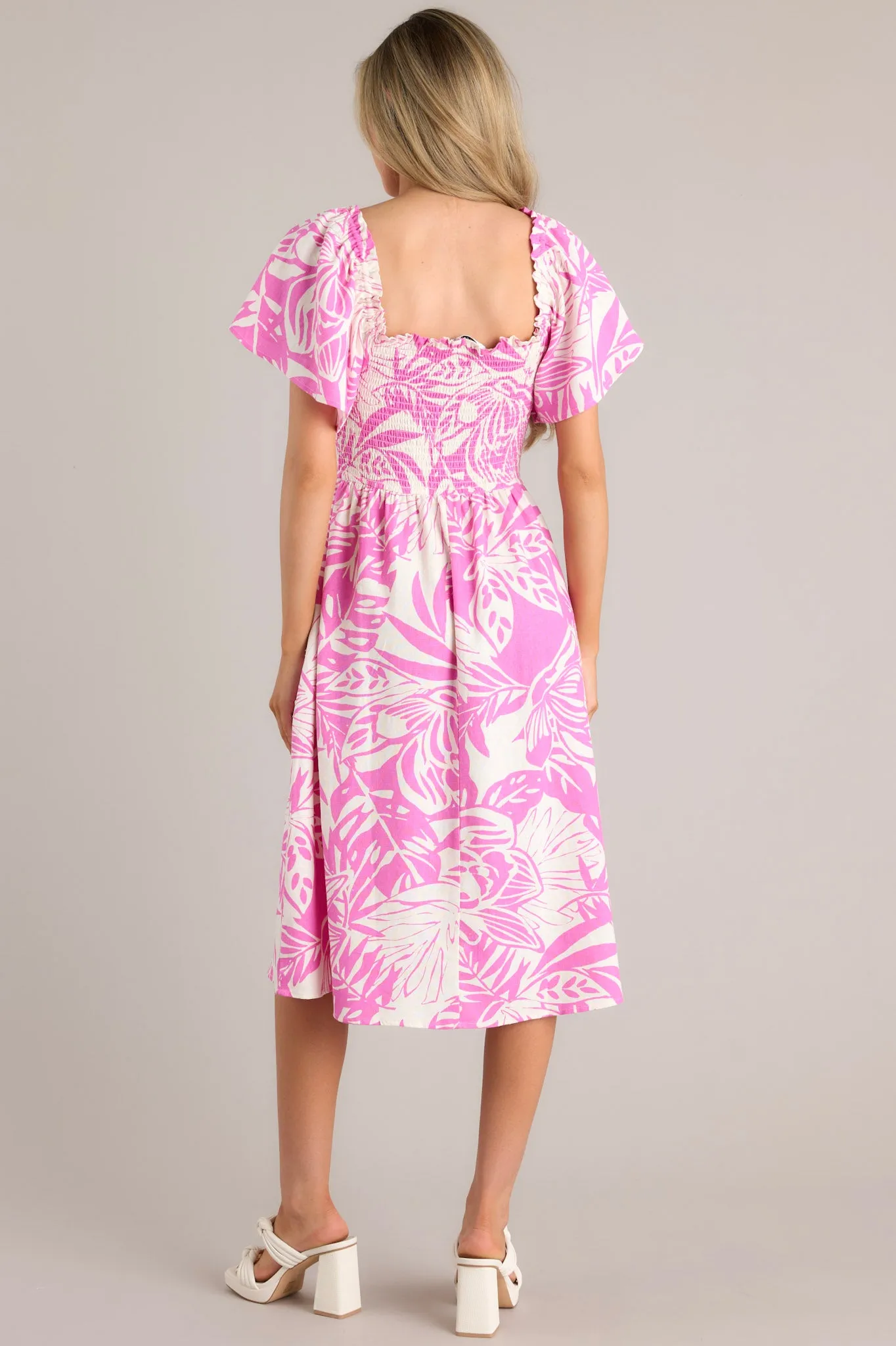 Sun-Kissed Serenity Pink Tropical Print Midi Dress