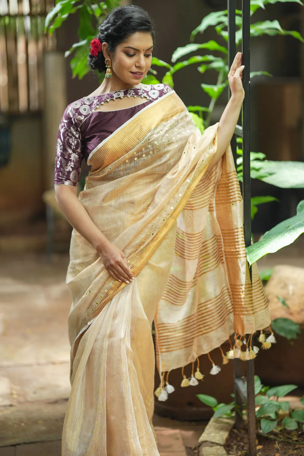 Tan Gold Tissue Linen Saree with light mirror work