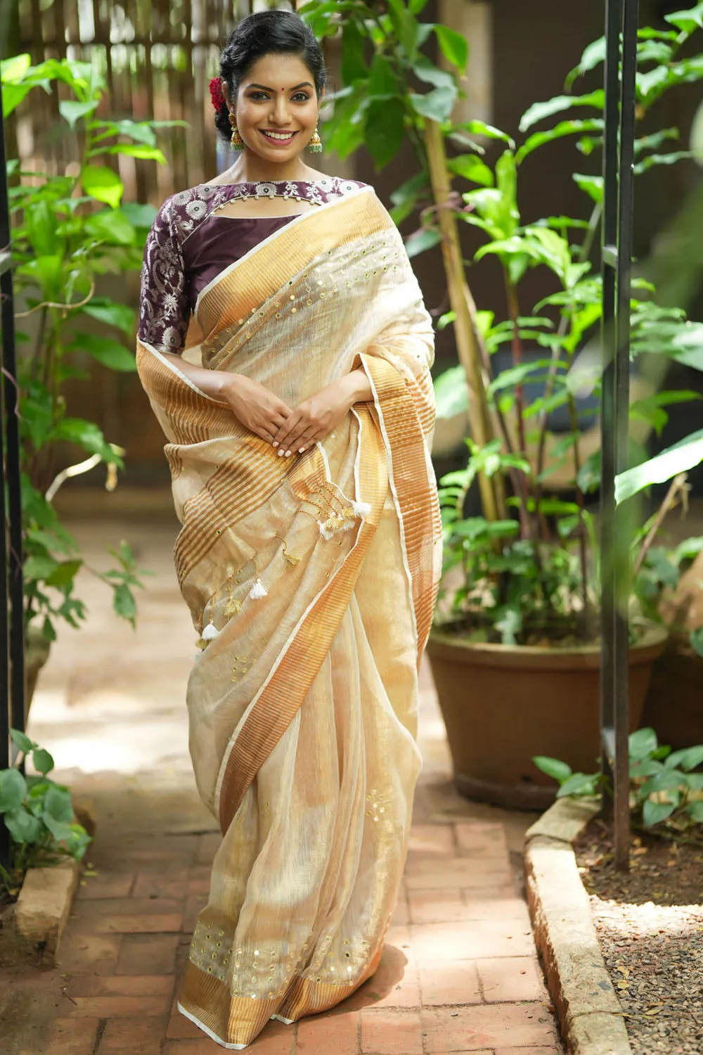 Tan Gold Tissue Linen Saree with light mirror work
